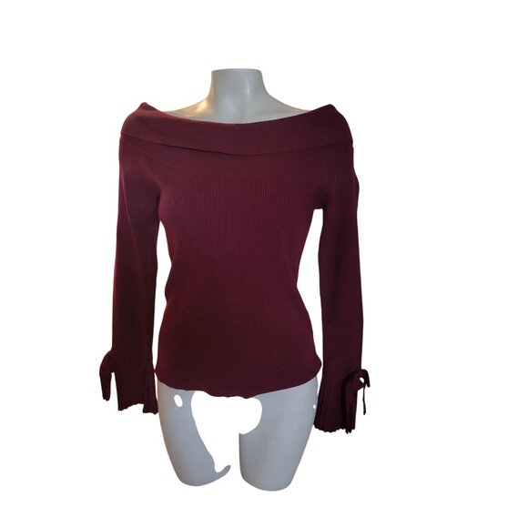 7th avenue Off-Shoulder Ribbed Knit Burgundy Sweater Tie-Cuff Long Sleeves sexy - Picture 1 of 9